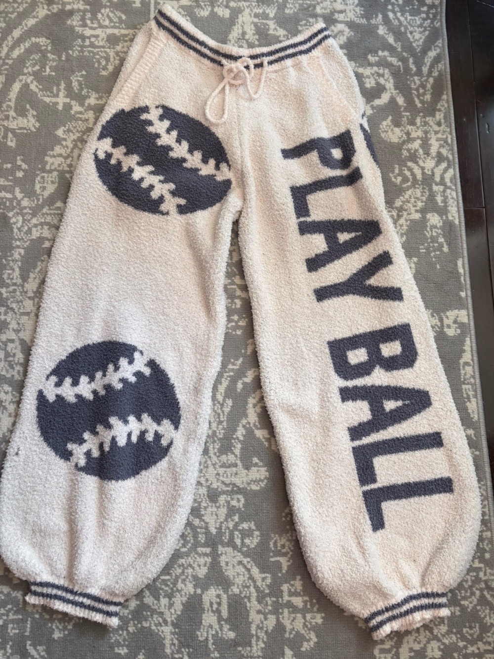 Plush "PLAY BALL" Jogger Pants - Cream and Navy